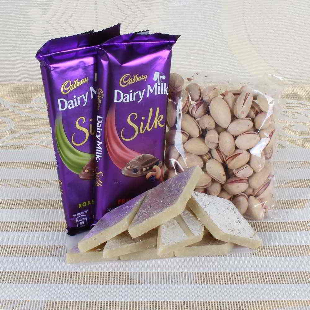 Cadbury Silk Chocolate and Pistachio Nut with Kaju Sweet 
